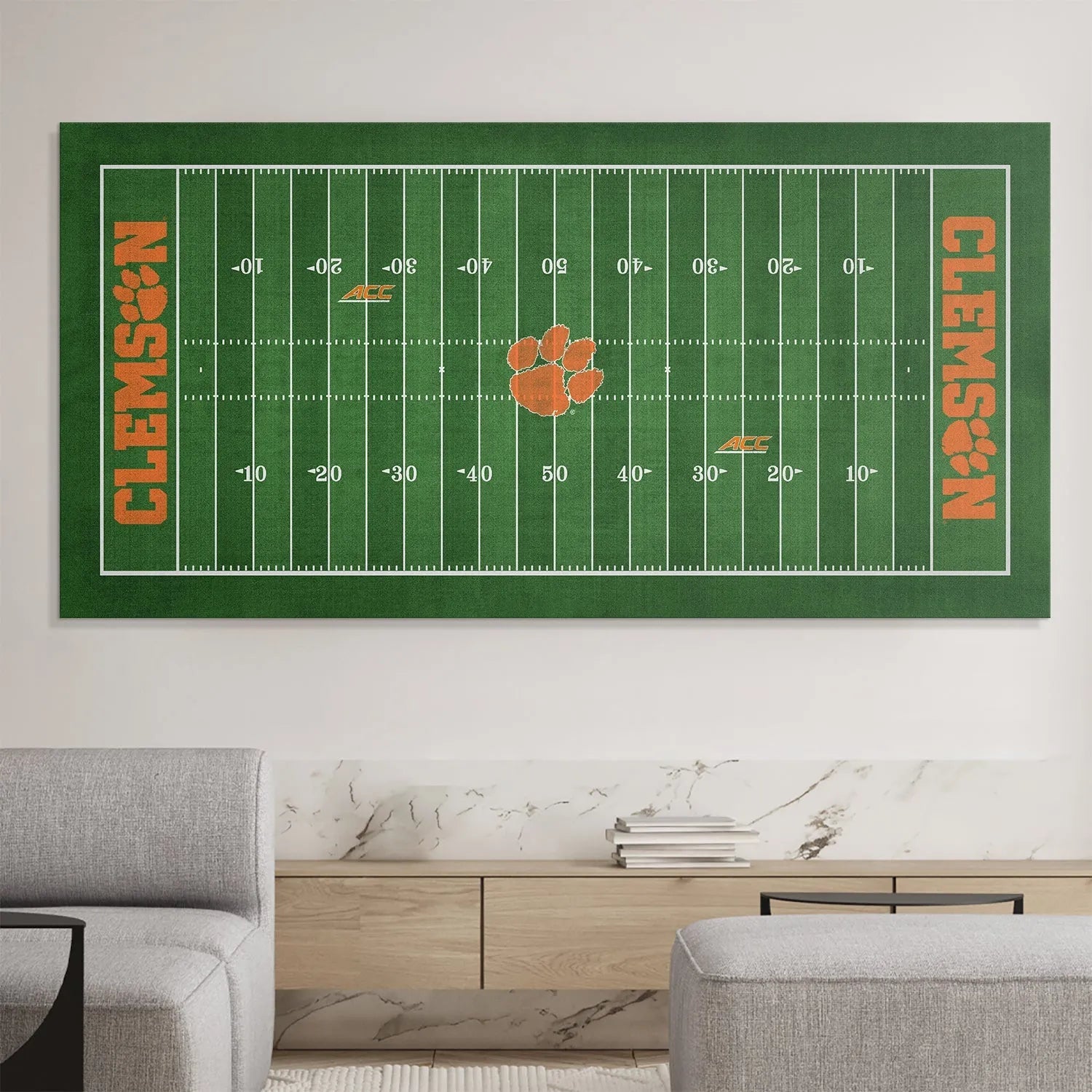 Corner shot emphasizing the vertical 'CLEMSON' lettering on the bright orange border of the Clemson - Full Field design.