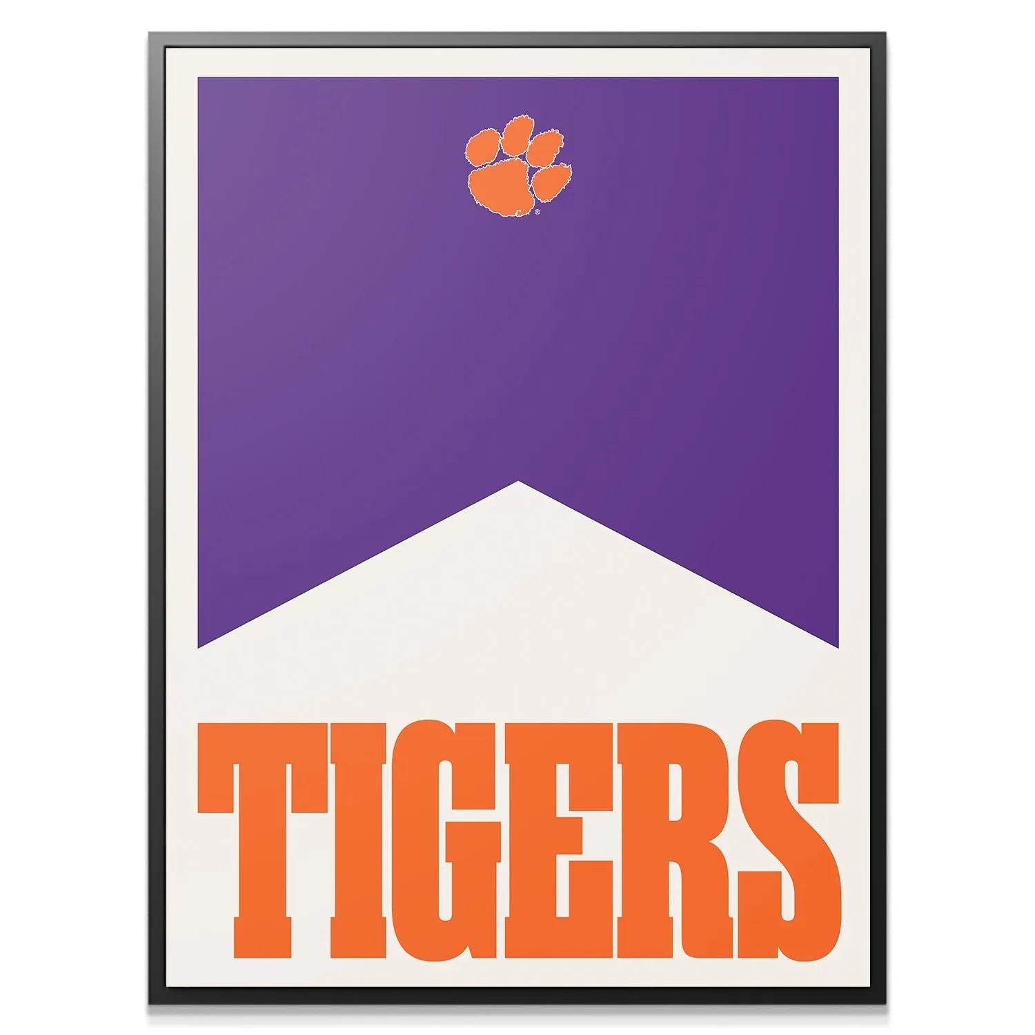 Close-up detail of the orange Clemson paw print within the upper purple section of the Clemson - Marlboro Minimalism poster.