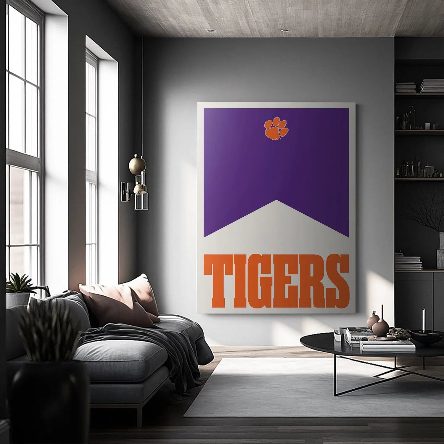Corner view displaying the clean white border surrounding the iconic Clemson - Marlboro Minimalism design elements.