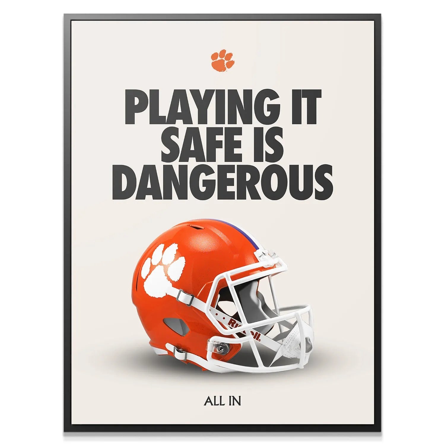 Close-up of the white paw decal on the football helmet featured in 'Clemson - Playing It Safe'.