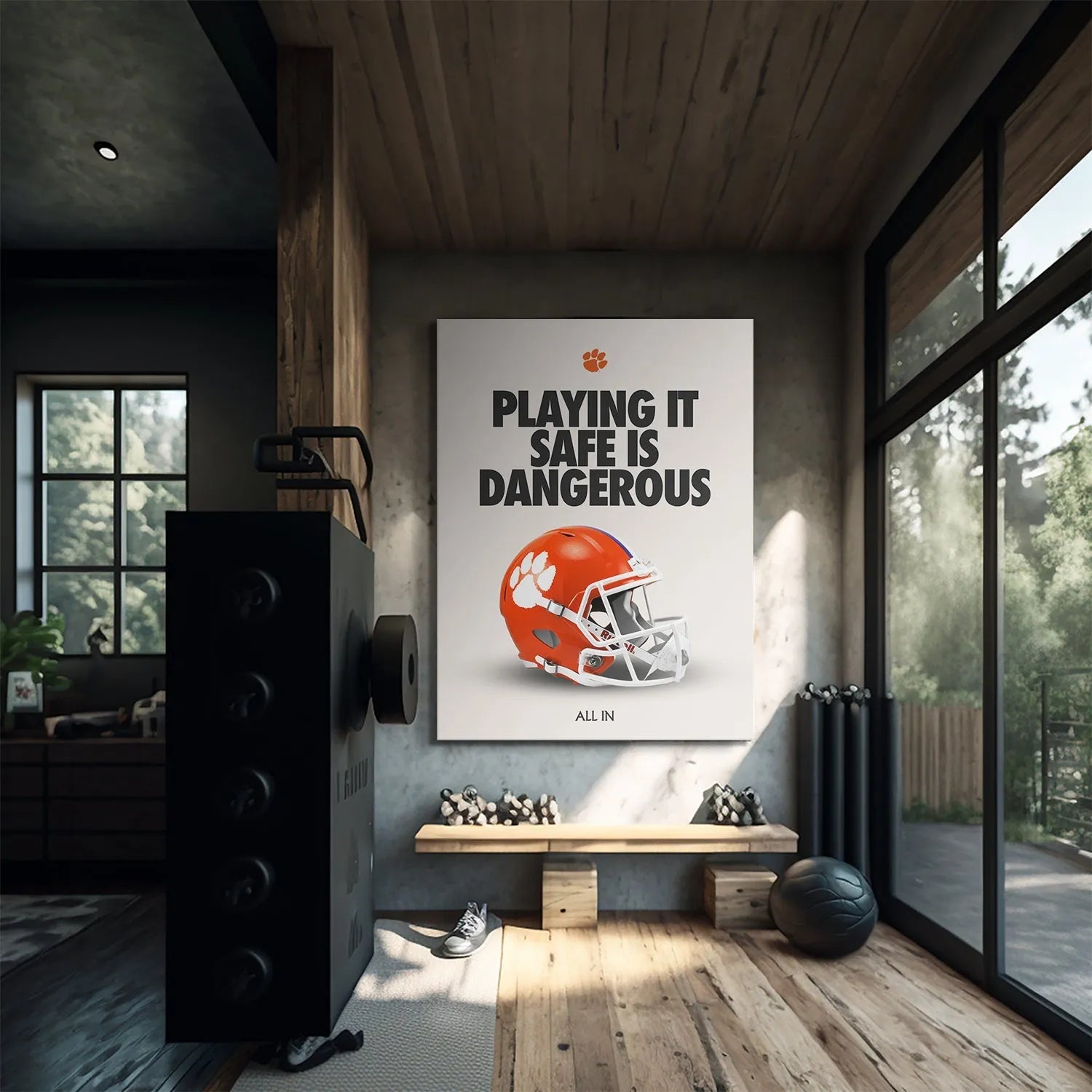Detail shot of the bold black typography used for the quote in 'Clemson - Playing It Safe' poster.
