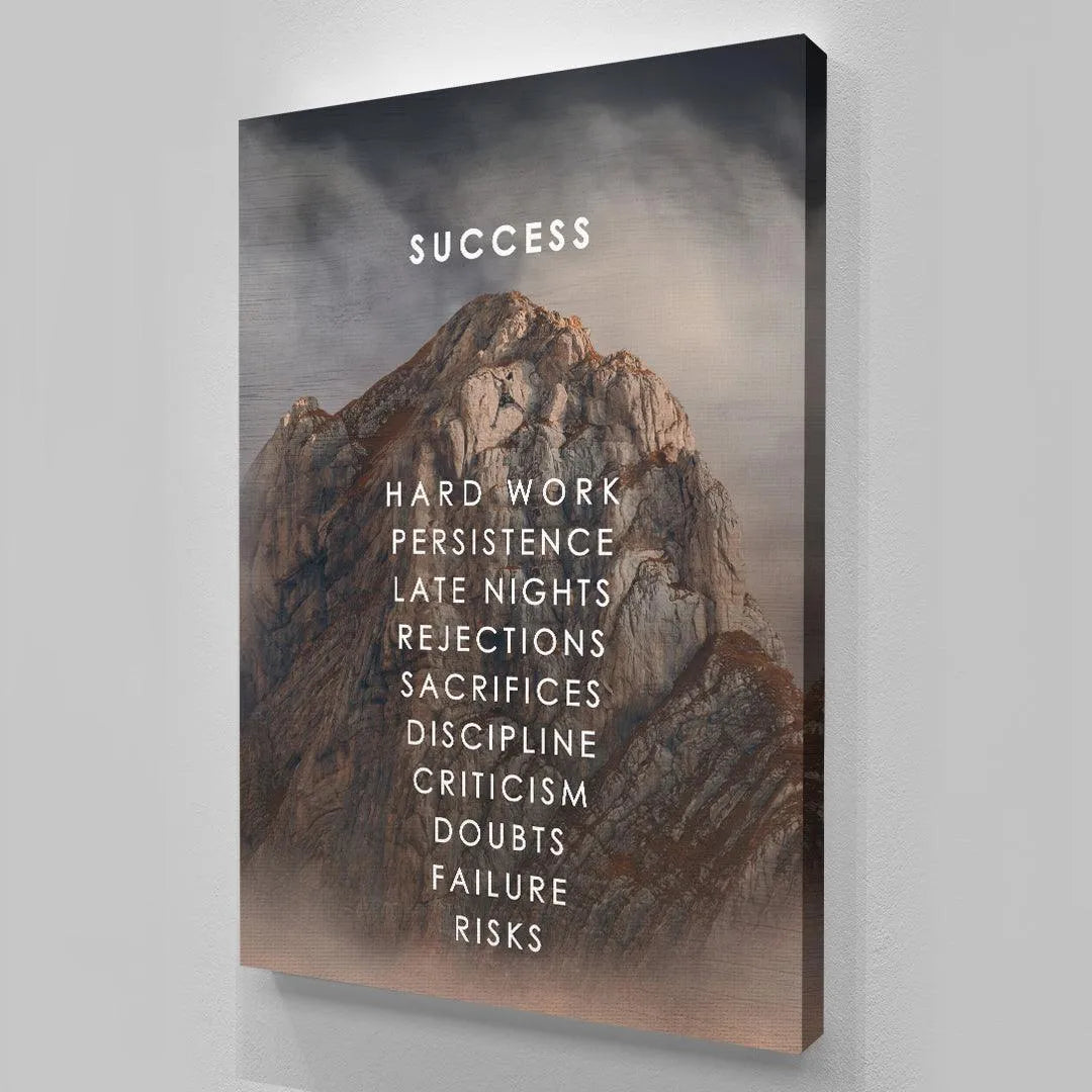 Angled perspective of the high-quality framed Climb To Success wall art, highlighting the sharp canvas texture.