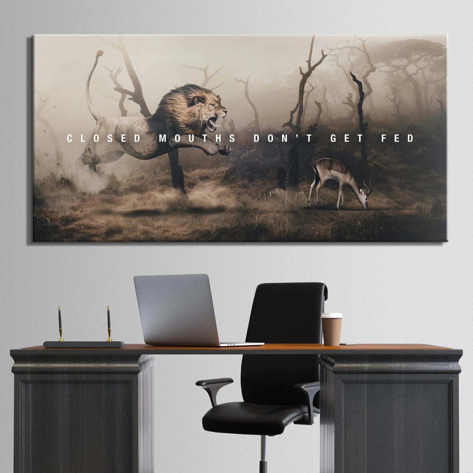 Sepia-toned, foggy landscape print emphasizing the dramatic texture of the dry terrain beneath the text 'Closed Mouths Don't Get Fed'.