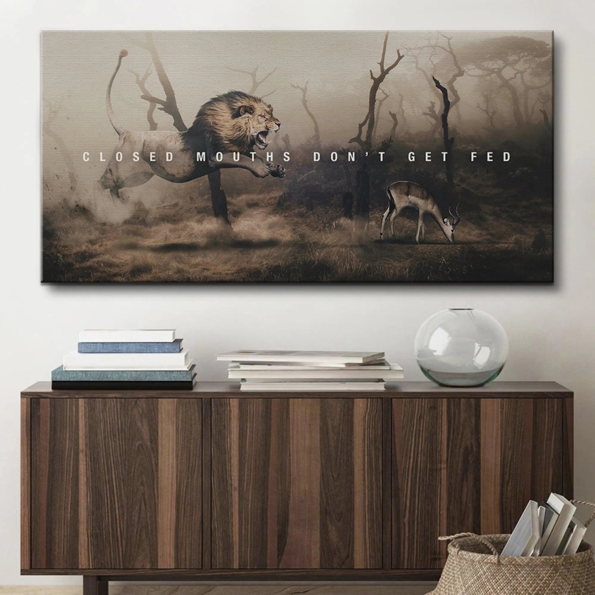 Full view of the canvas placed in a modern office environment, demonstrating the motivational impact of 'Closed Mouths Don't Get Fed' wall decor.