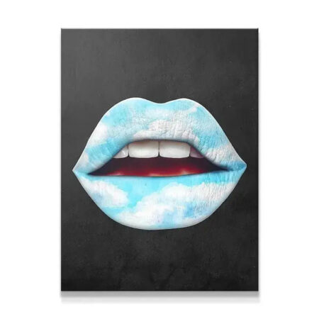 Full view of the vibrant blue and white Cloud Lips canvas artwork centered on a solid black background.