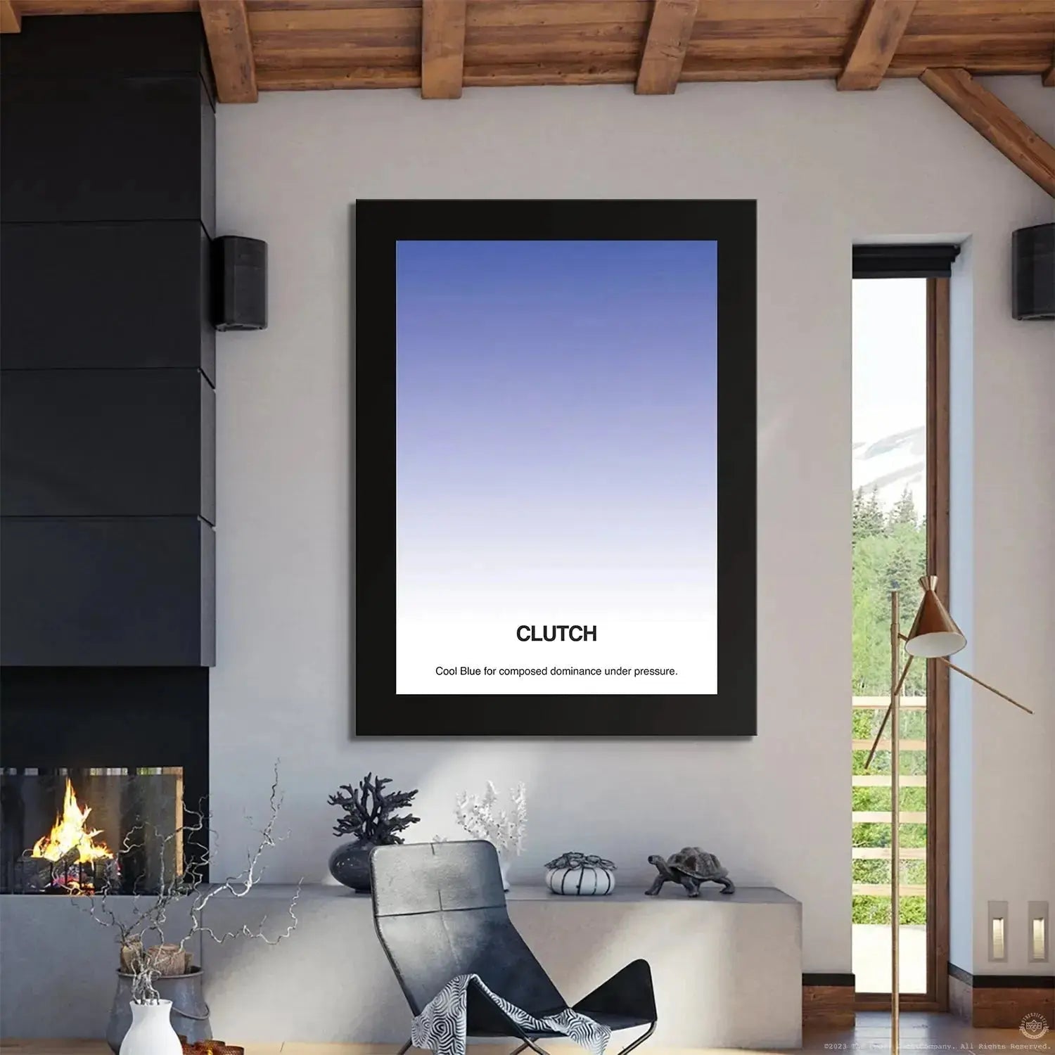 Lifestyle shot: The framed Clutch - Gradient hanging above a modern desk setup.