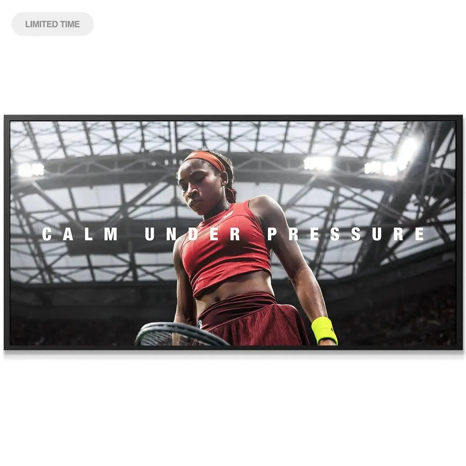 Close-up portrait of Coco Gauff - Calm Under Pressure, highlighting her focused, intense expression before a serve.
