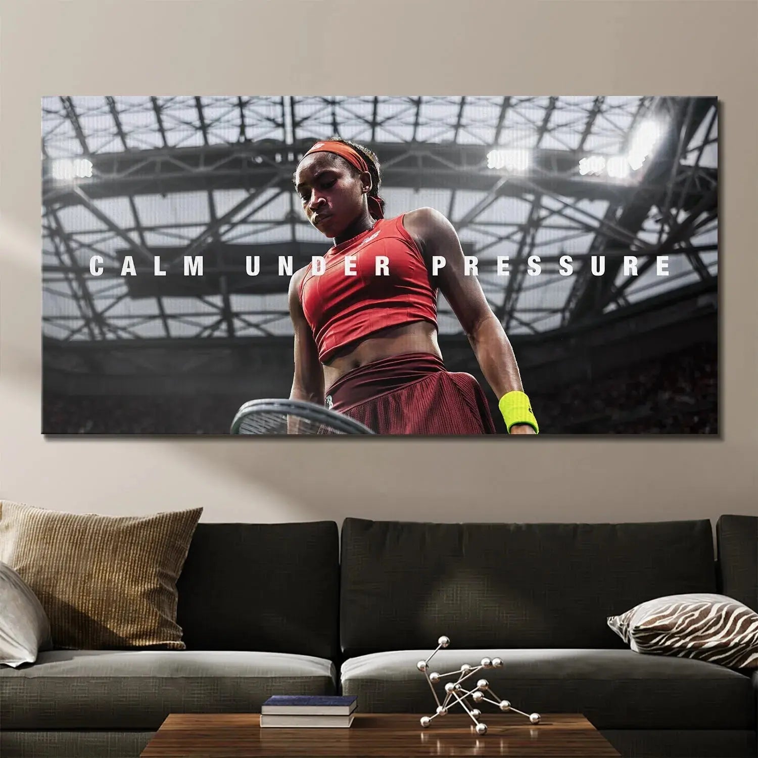 Medium shot focusing on the deep red tennis attire and neon yellow wristband worn by Coco Gauff - Calm Under Pressure.