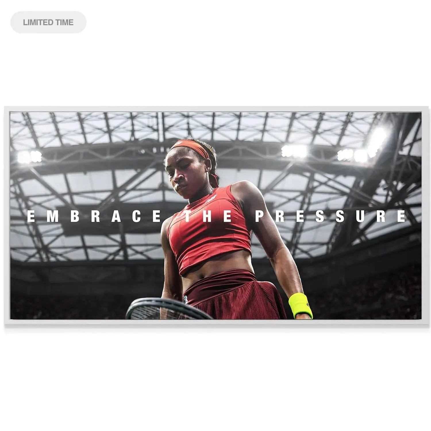 Mid-shot emphasizing the powerful athletic stance and arm muscles displayed in Coco Gauff - Embrace The Pressure.