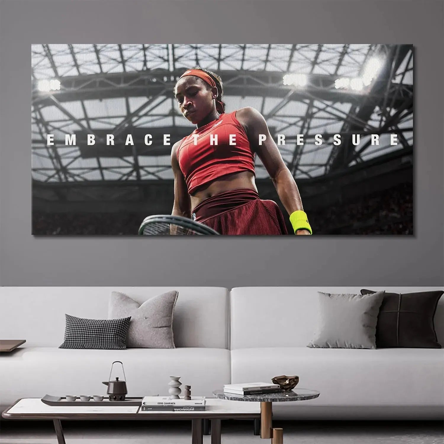 Detailed view of the vibrant neon yellow wristband and racquet grip featured in Coco Gauff - Embrace The Pressure.
