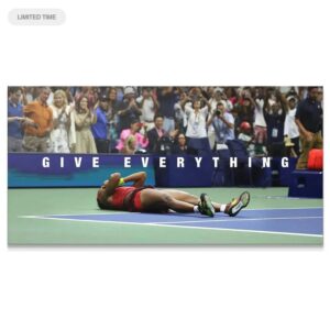 Coco Gauff – Give Everything Wall Art Full court view of exhausted Coco Gauff - Give Everything laying on the blue tennis surface after the final point.