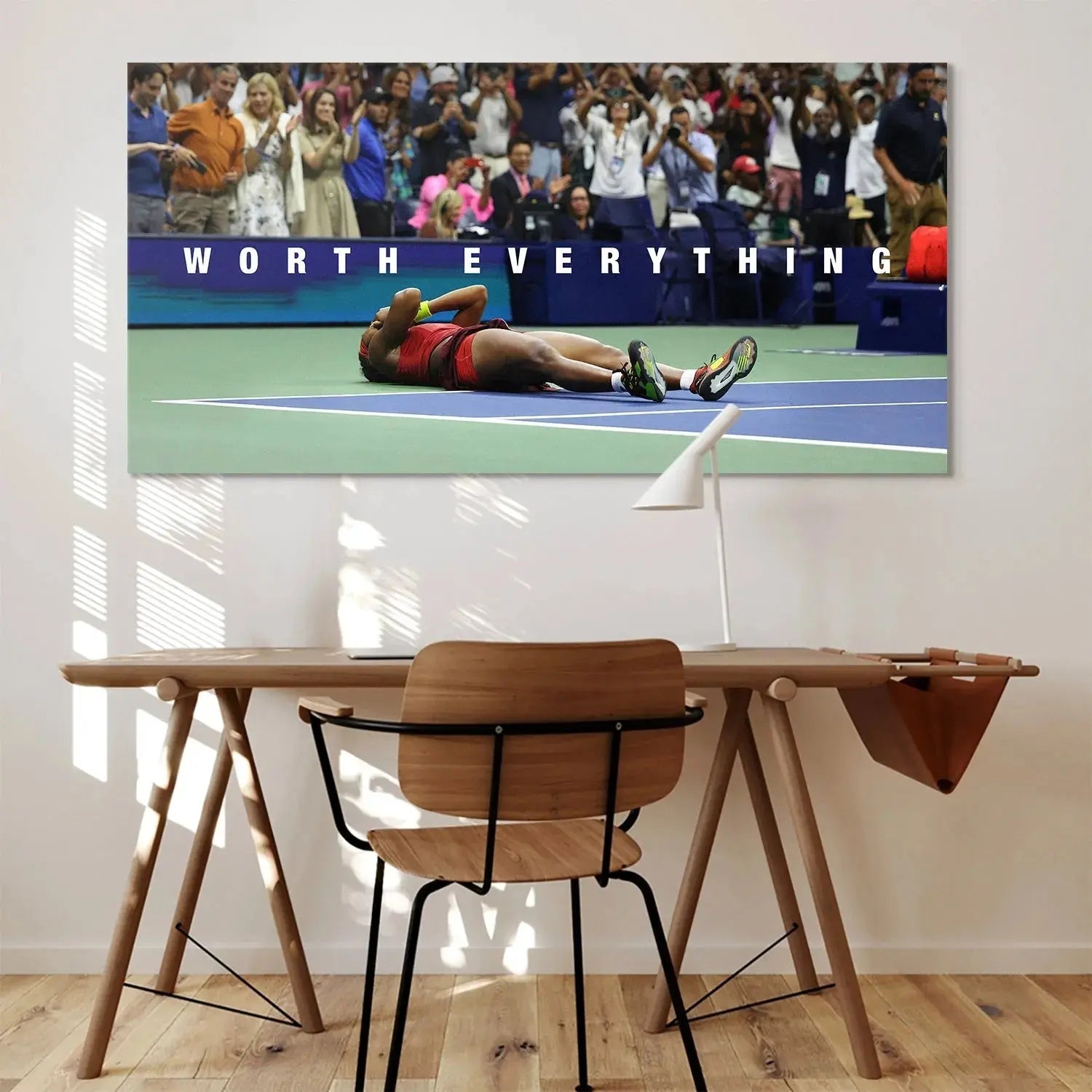 Detailed view of the court texture and Gauff's tennis shoes in the Coco Gauff - Worth Everything image.