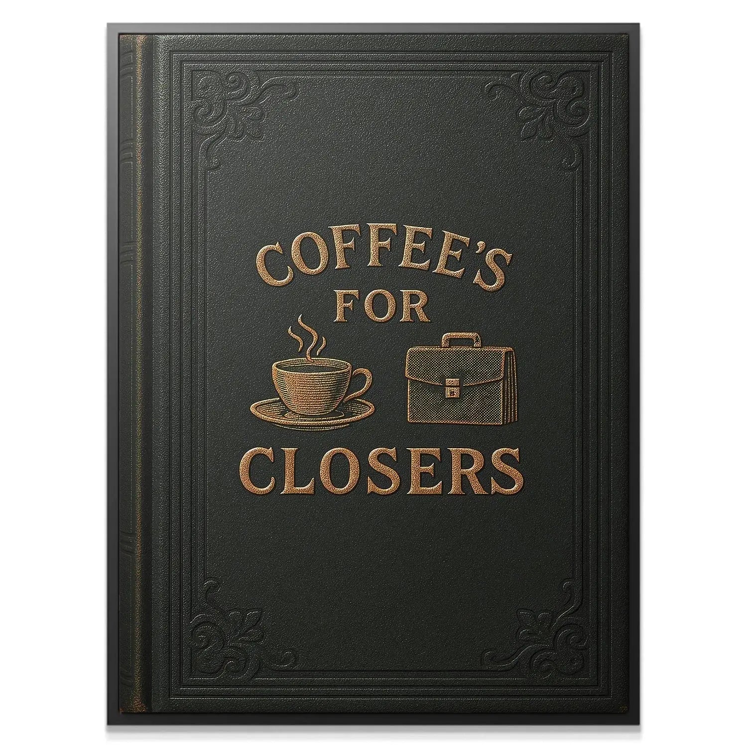 Close-up detail of the textured faux leather cover material of the Coffee's For Closers - Black Book.