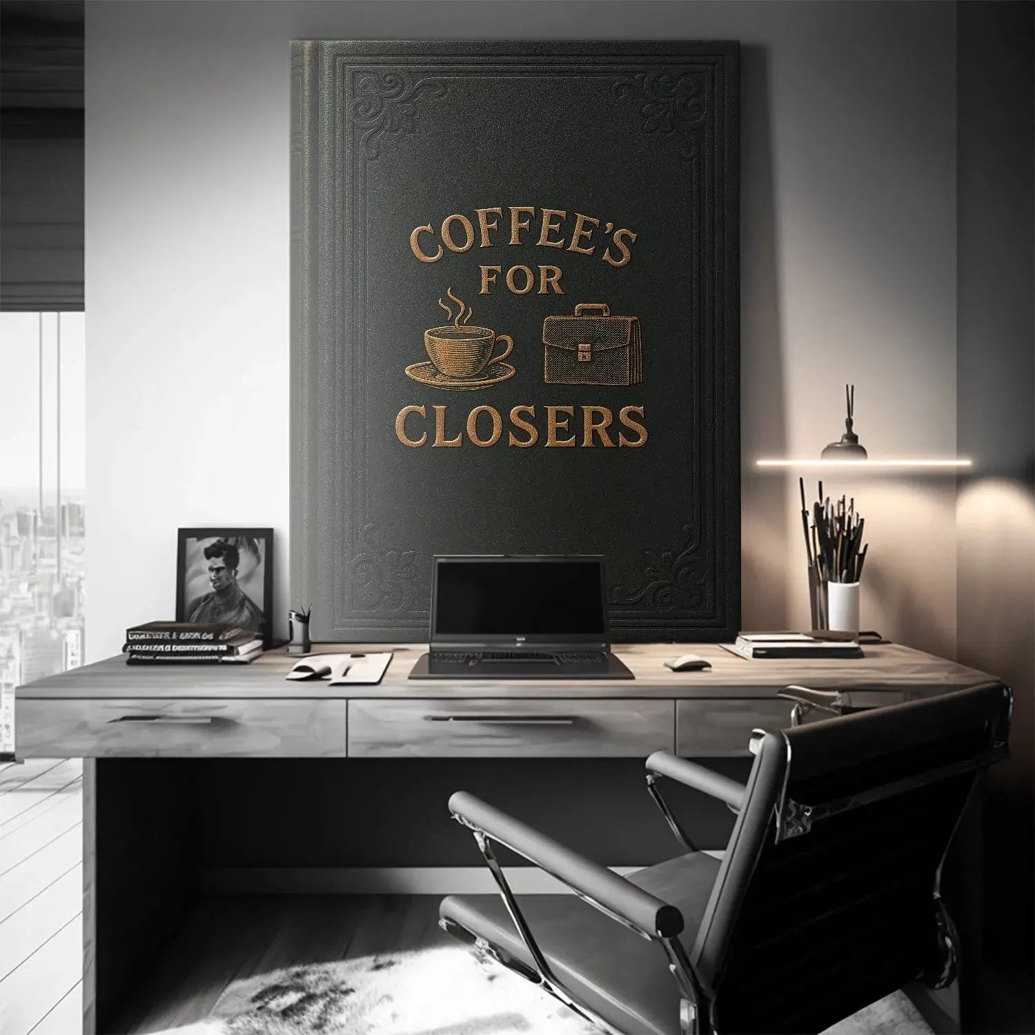 Macro view of the steam rising from the coffee cup illustration on the Coffee's For Closers - Black Book cover.
