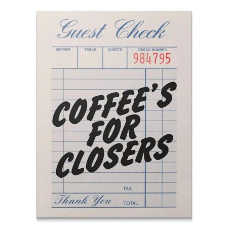 Close-up shot of the bold black typography "COFFEE'S FOR CLOSERS" on the vintage check background.