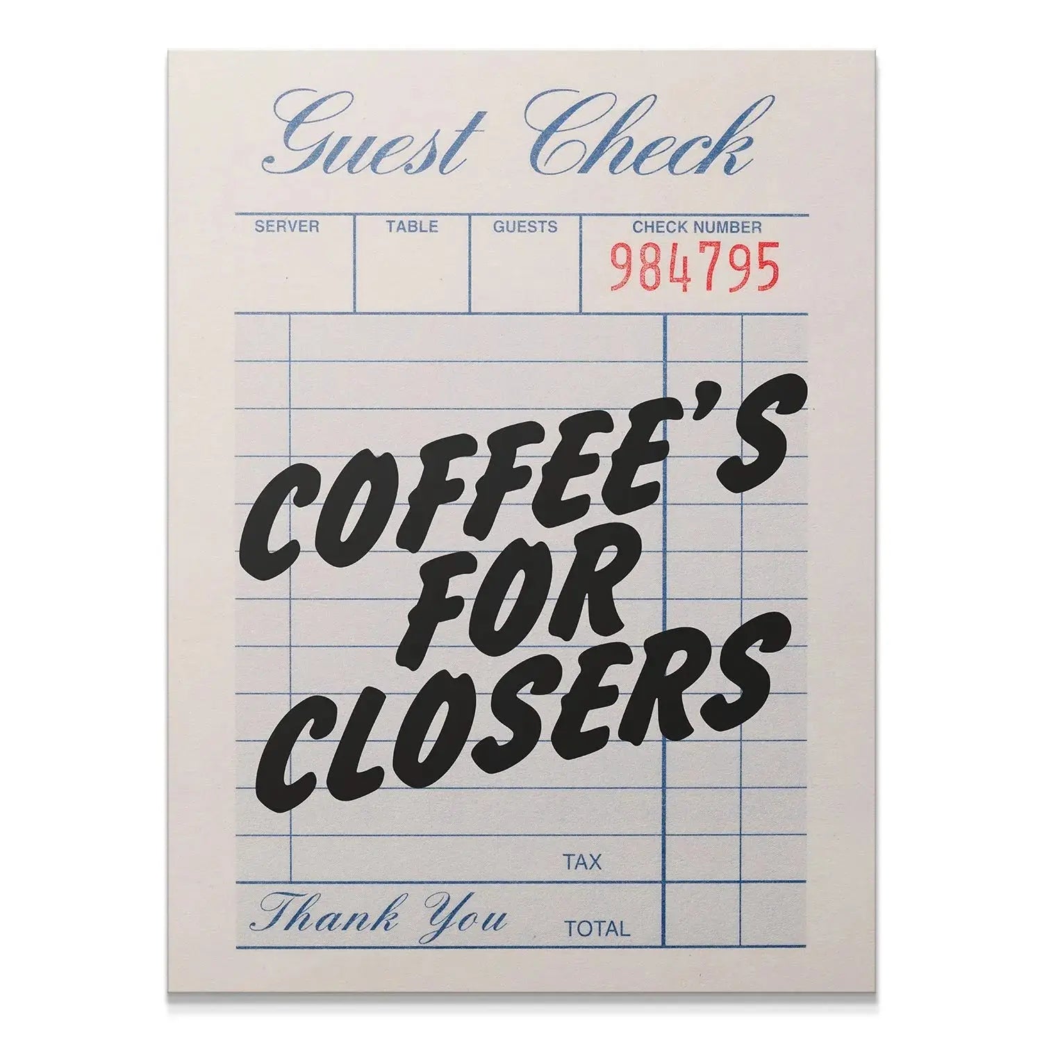 Close-up shot of the bold black typography "COFFEE'S FOR CLOSERS" on the vintage check background.