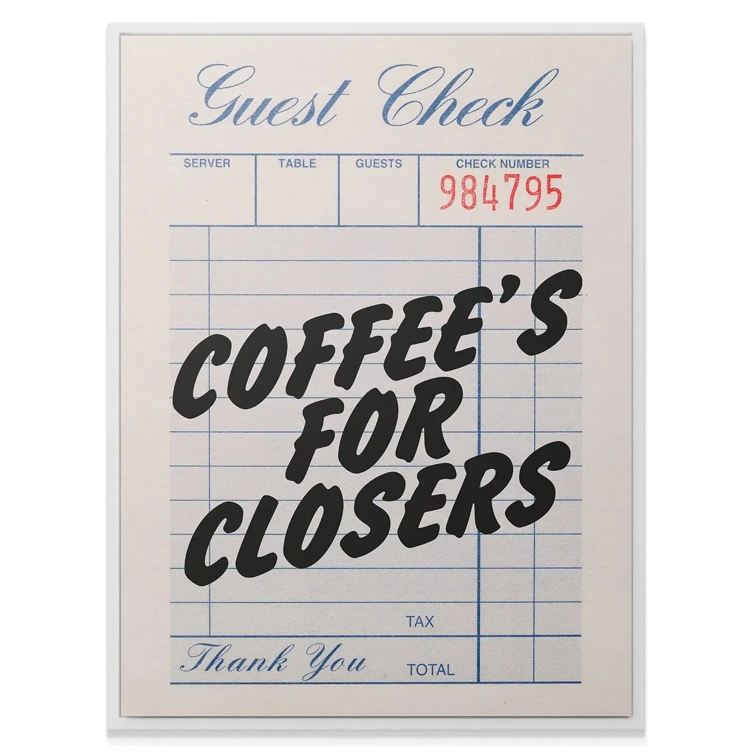 Texture detail of the aged, off-white paper and blue grid lines of the 'Coffee's For Closers - Check' receipt art.