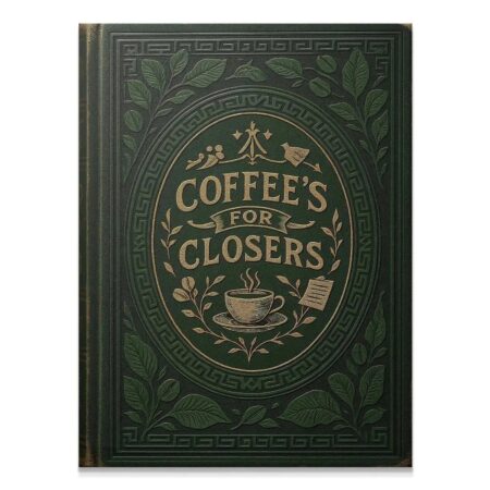 Full frontal view of the highly embossed Coffee's For Closers - Green Book cover with gold foil stamping.
