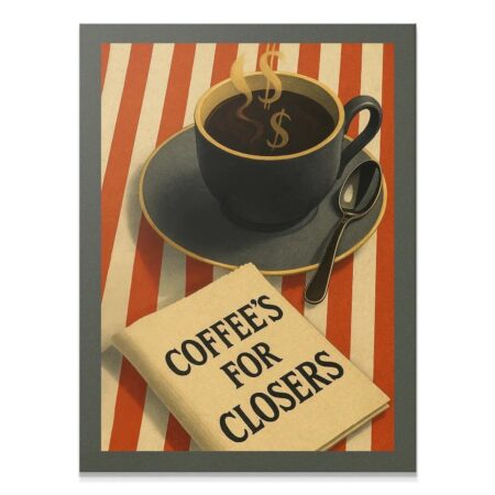Full view of the vintage style poster 'Coffee's For Closers - Meeting' showing red stripes and a dark coffee cup illustration.