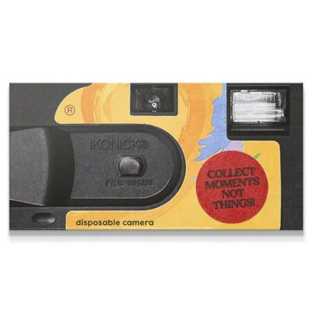 Full product shot of the Konicko disposable camera packaging, emphasizing the 'Collect Moments' slogan and vibrant colors.