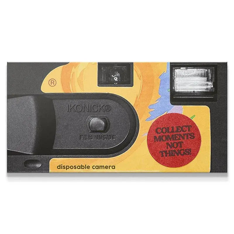 Full product shot of the Konicko disposable camera packaging, emphasizing the 'Collect Moments' slogan and vibrant colors.