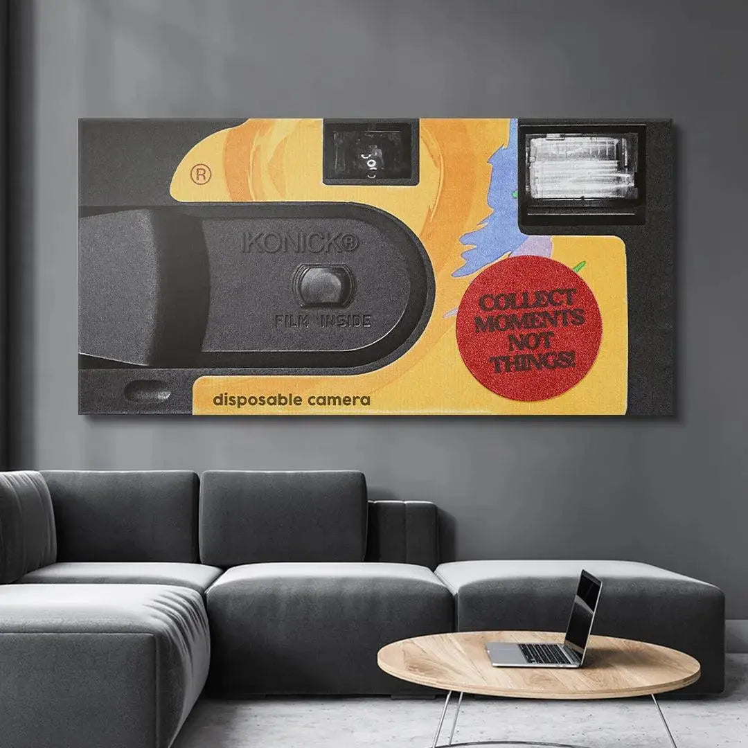 Flat lay composition featuring the disposable camera, showing it ready to Collect Moments during a travel experience.