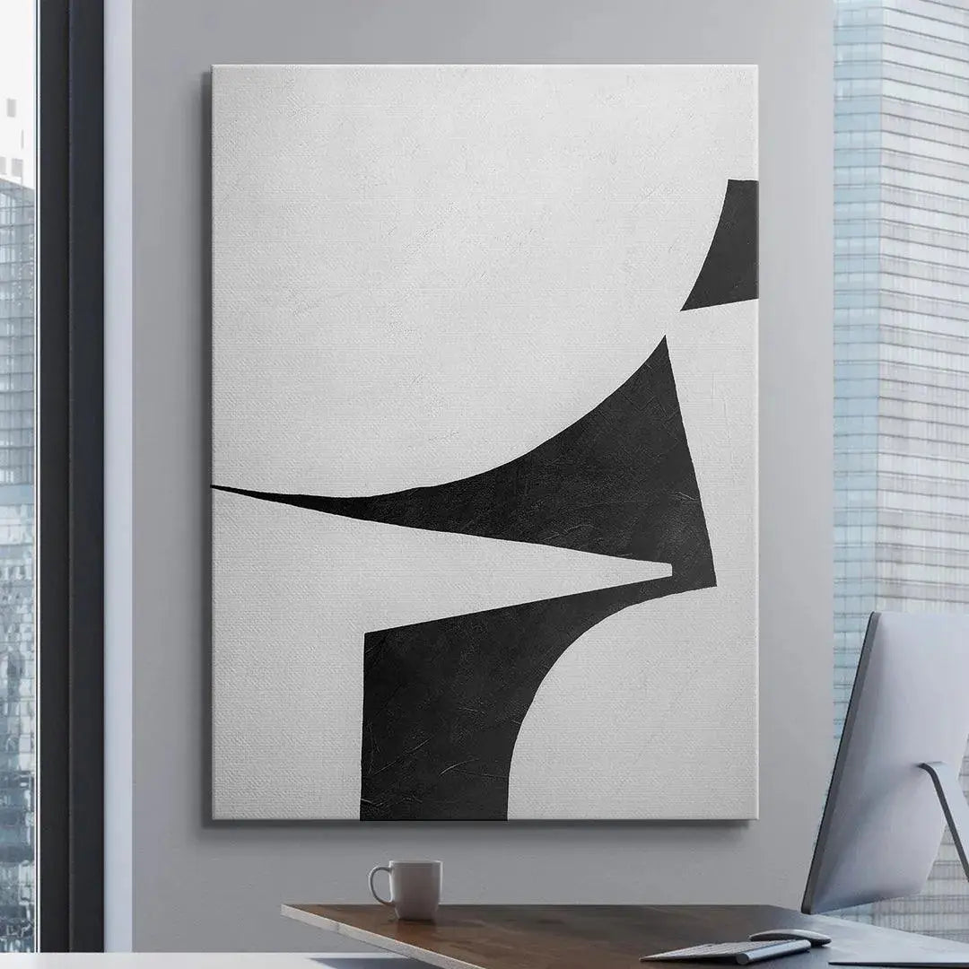 Geometric black forms intersecting the white space in the high-contrast art print Colliding Shapes Black N.3.