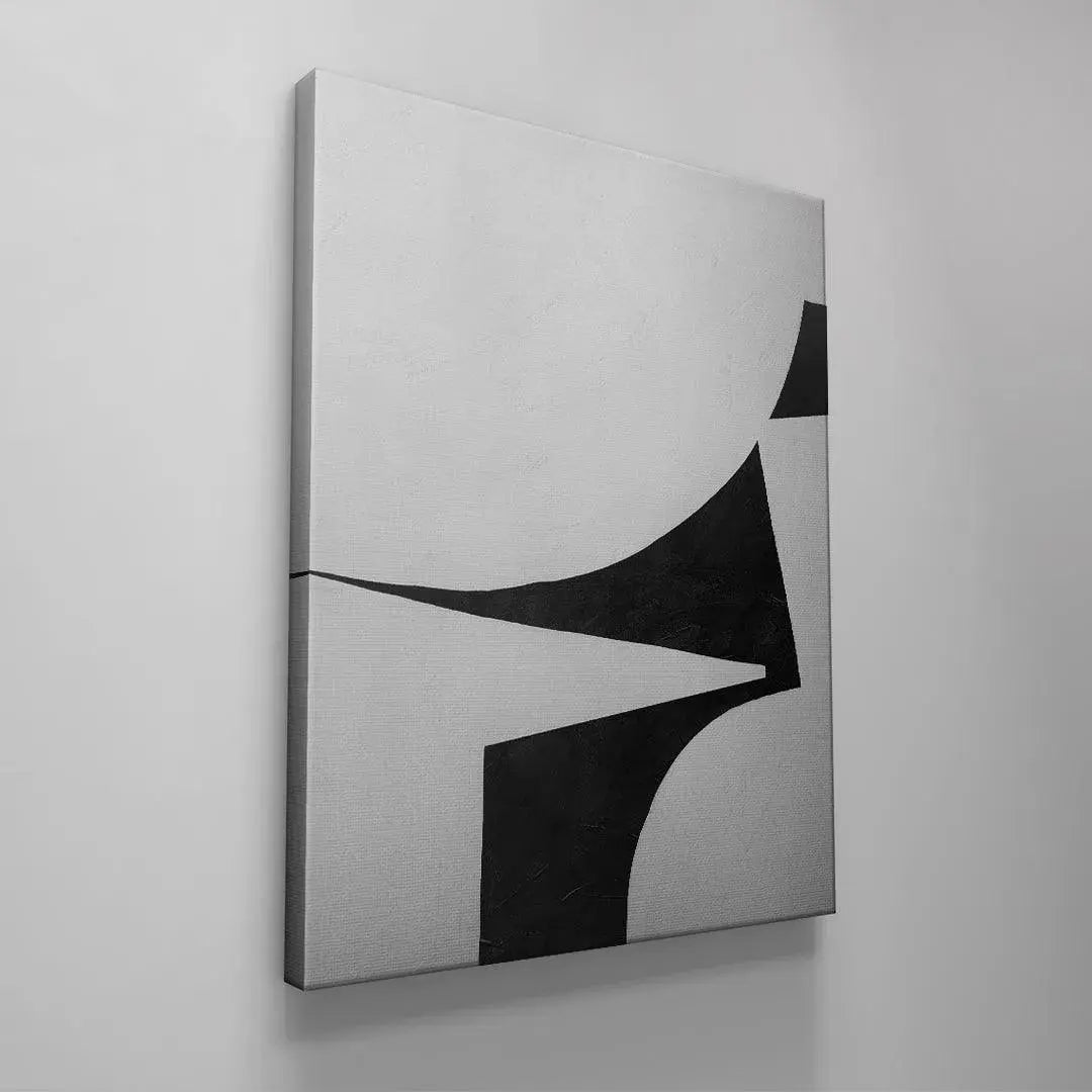 High-contrast detail of the largest curved black segment within the unique composition of Colliding Shapes Black N.3.