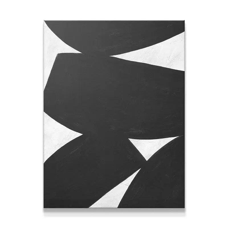 Colliding Shapes Black N.5 full view abstract canvas print mounted on a white wall.