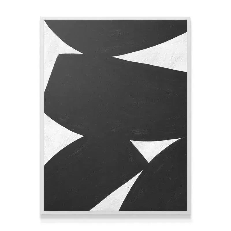 Minimalist living room setup featuring the oversized Colliding Shapes Black N.5 artwork above a sofa.