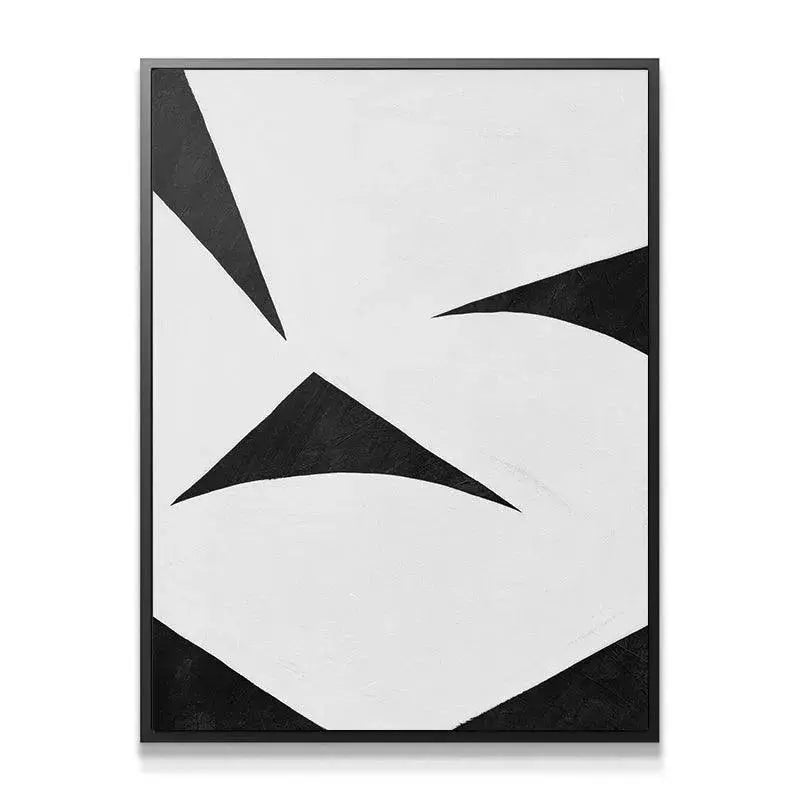 High-contrast detail shot of the subtle brushstroke texture visible on the white background space of Colliding Shapes Black N.6 artwork.
