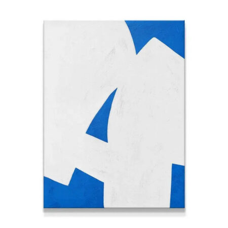 Colliding Shapes Blue N.2 full framed abstract canvas centered on a white gallery wall.