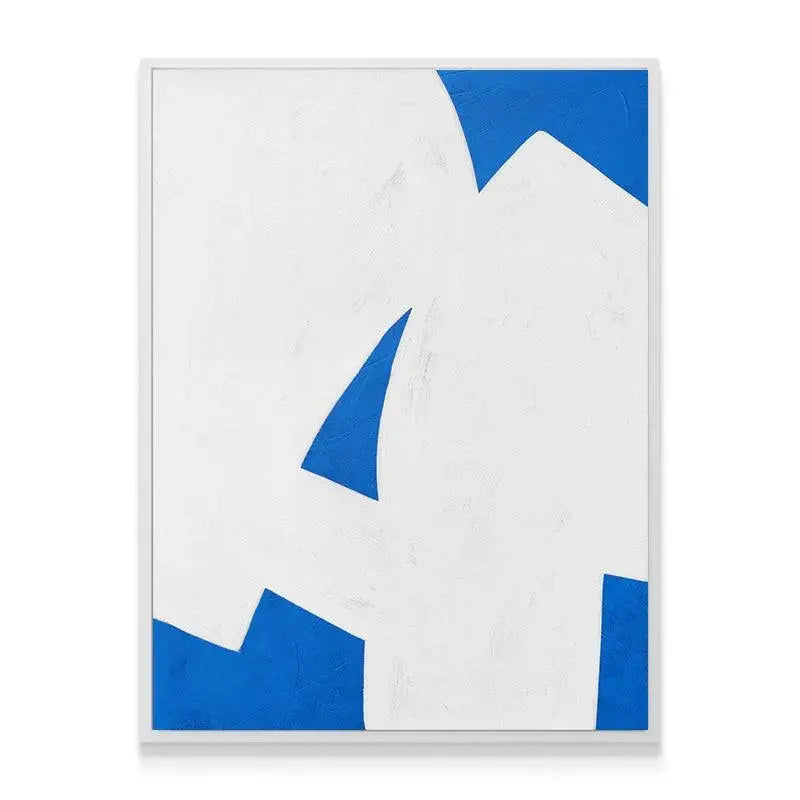 Diagonal view of Colliding Shapes Blue N.2 showcasing the sharp corner collision between colors.