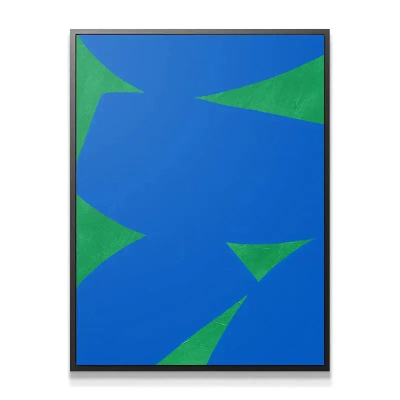 Close-up texture detail showing the rich, impasto green brushstrokes of Colliding Shapes Blue N.5.