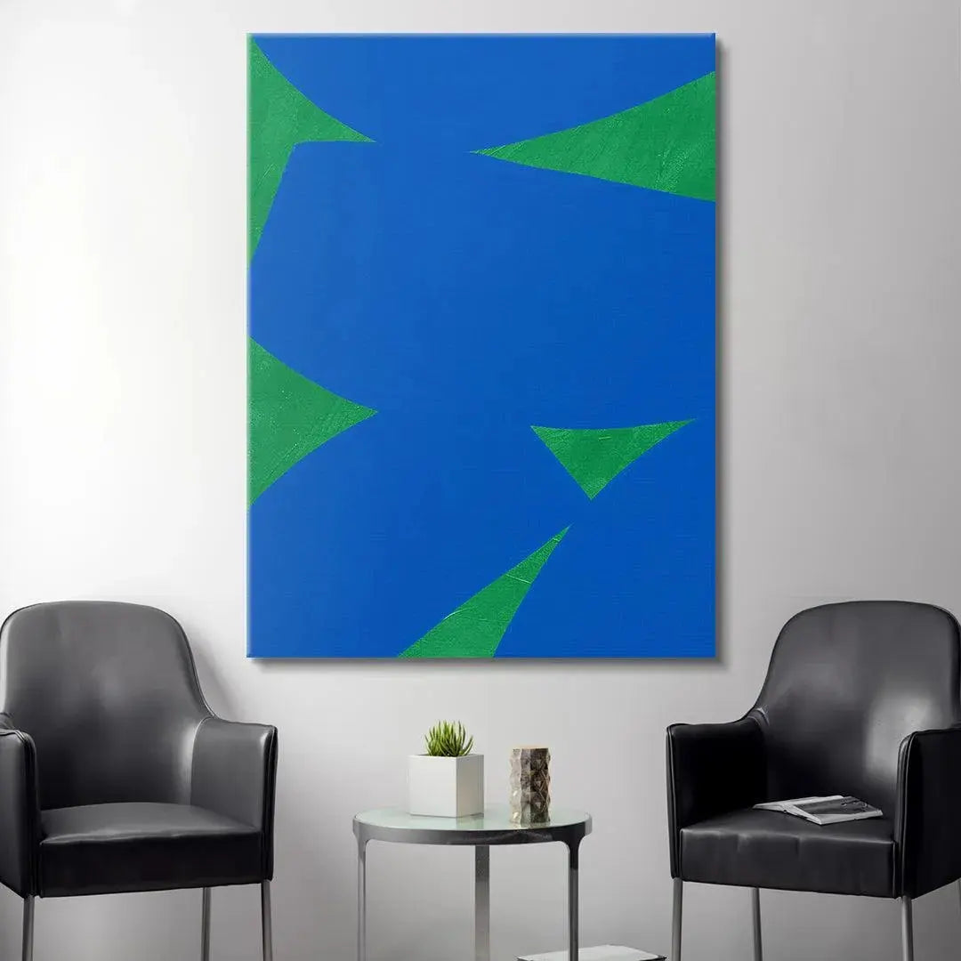 Colliding Shapes Blue N.5 displayed in a modern, minimalist living room setting above a sofa.