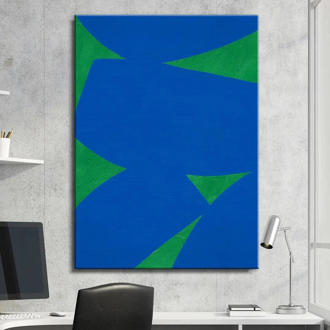 Corner detail of the sharp angles intersecting the canvas border in Colliding Shapes Blue N.5.