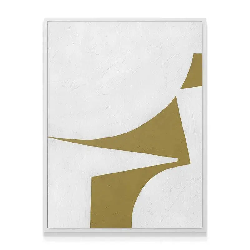 Abstract artwork Colliding Shapes Gold N.3 hanging above a minimalist mid-century modern sofa (lifestyle setting).