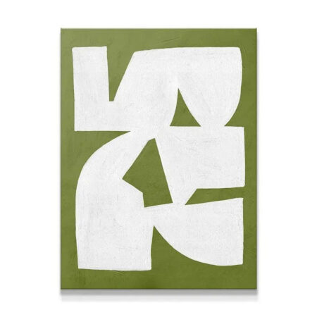 Full frontal view of the abstract canvas Colliding Shapes Green N.1, featuring green and white forms.