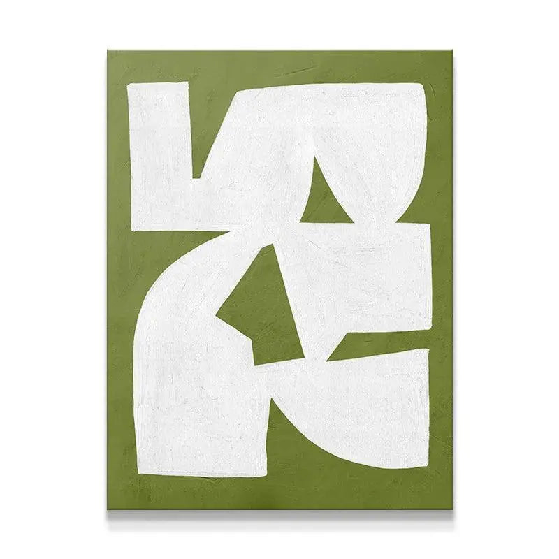 Full frontal view of the abstract canvas Colliding Shapes Green N.1, featuring green and white forms.