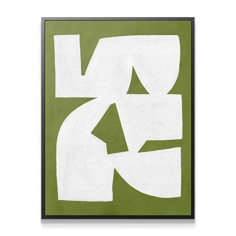 Detailed close-up showing the heavy, painted texture of the white shapes in Colliding Shapes Green N.1.