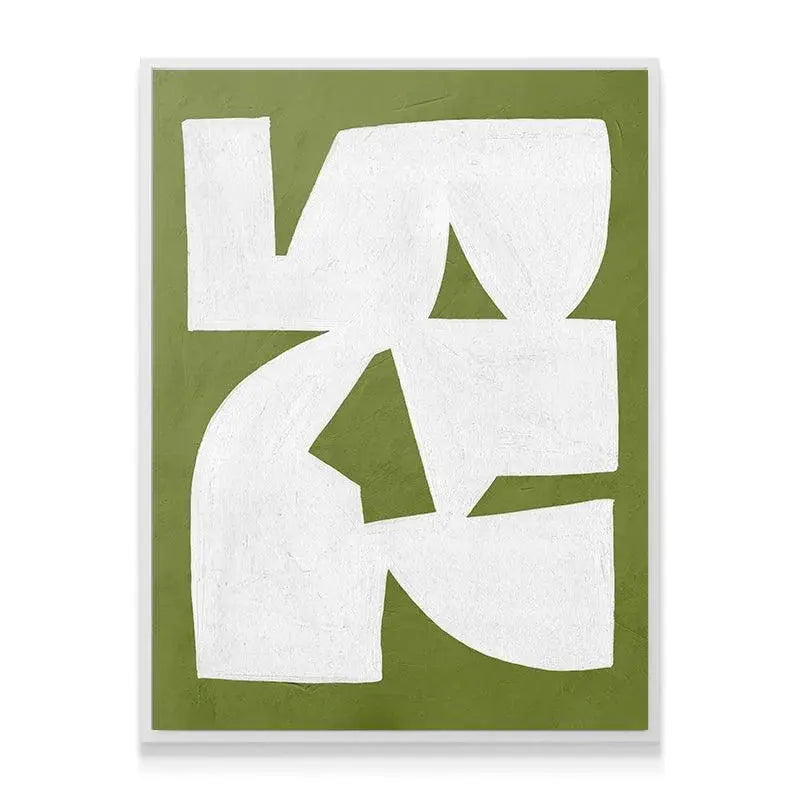 Color palette contrast between the vibrant moss green background and stark white figures in Colliding Shapes Green N.1.