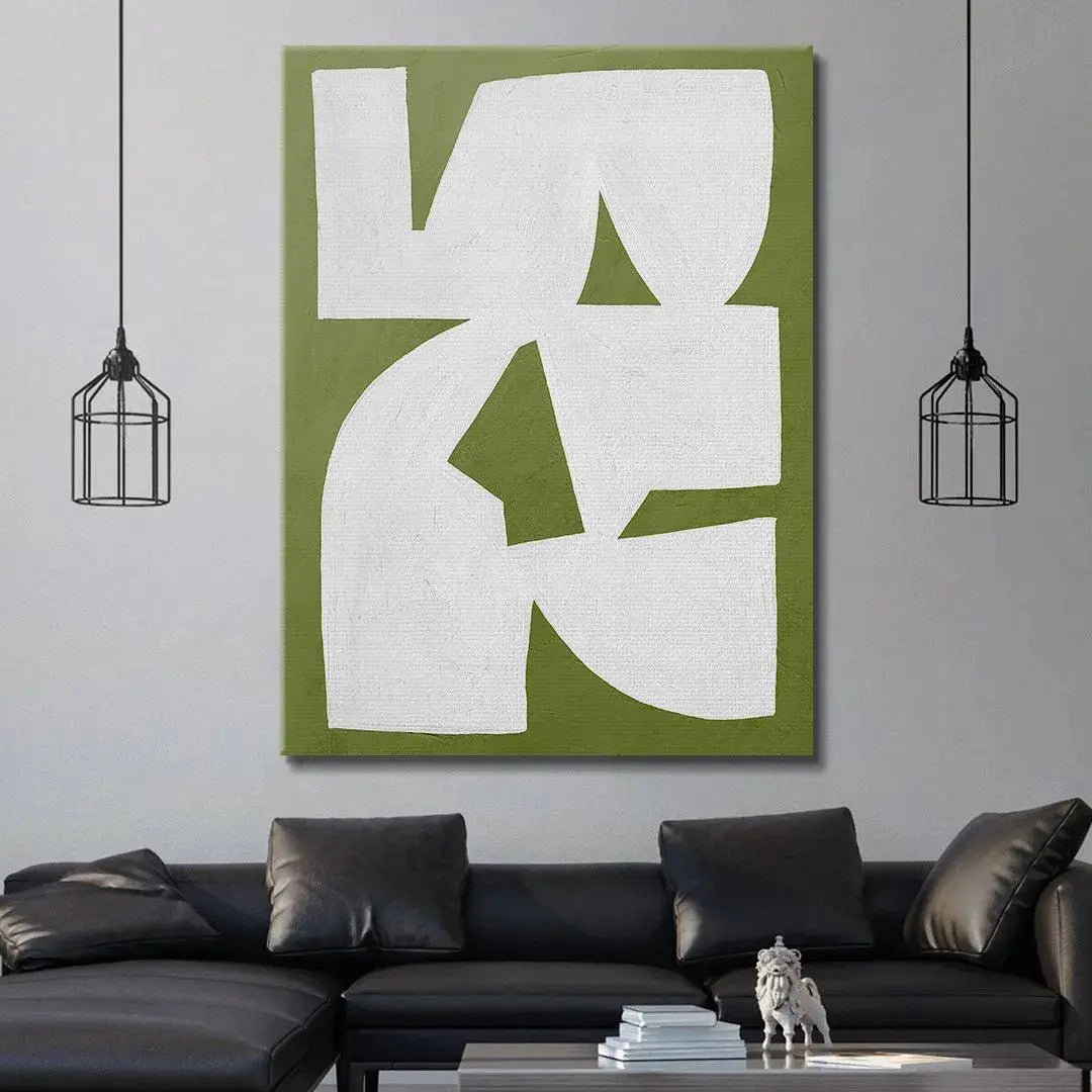 Diagonal perspective capturing the dimensional thickness of the canvas edge of Colliding Shapes Green N.1 artwork.