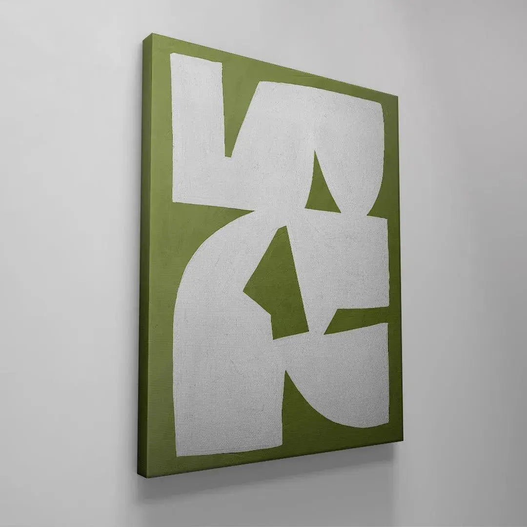 Interlocking white geometric and organic shapes defining the composition of Colliding Shapes Green N.1.