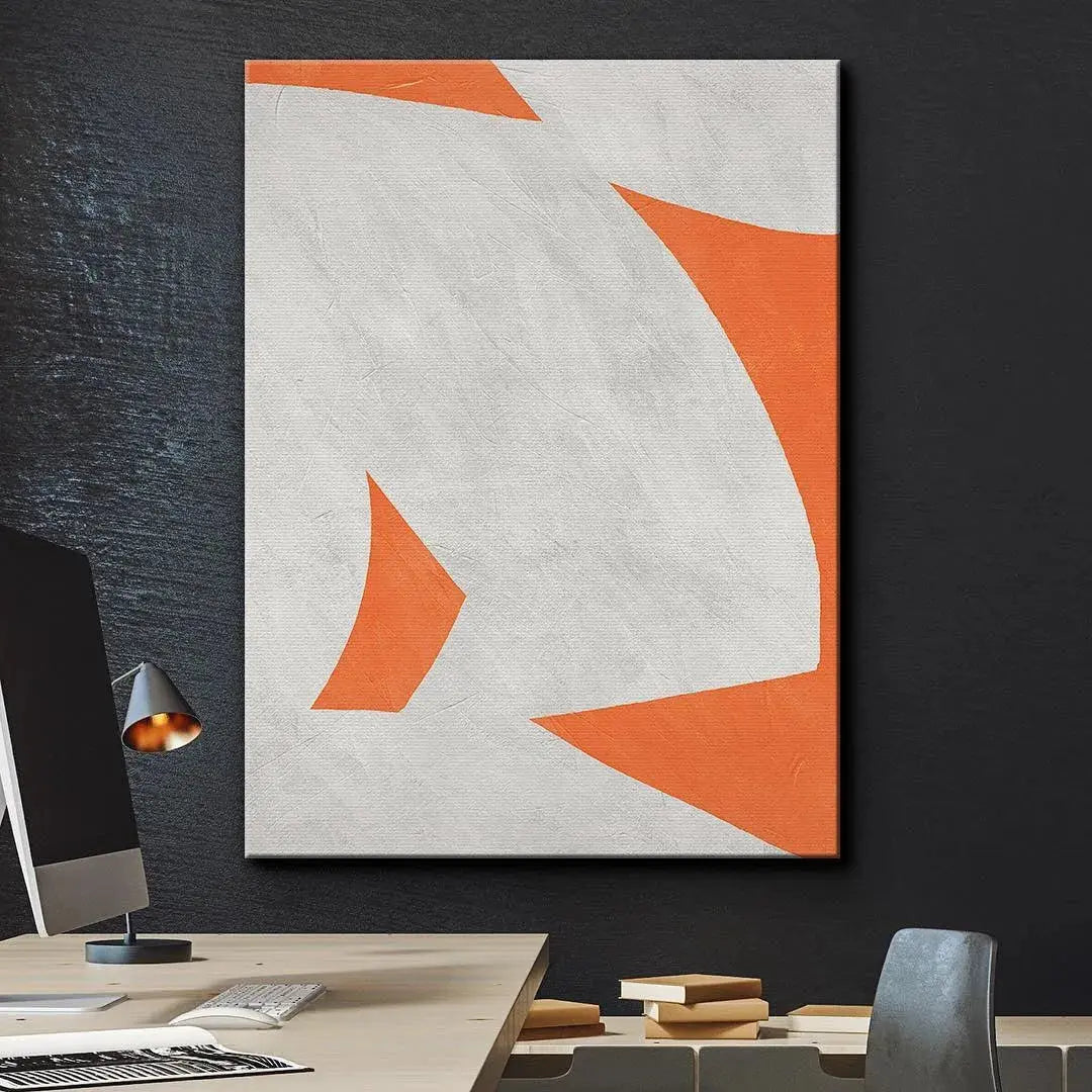 Vertical presentation of the large-scale abstract composition Colliding Shapes Orange N.4.