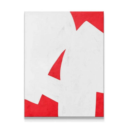 Full view of high-contrast modern abstract painting Colliding Shapes Red N.2.