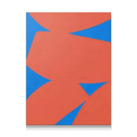 Full frontal view of the high-contrast abstract painting, Colliding Shapes Red N.5.
