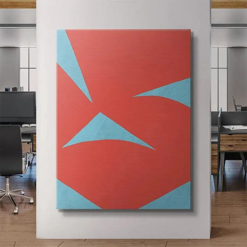 Side angle view highlighting the wrapped canvas edges of Colliding Shapes Red N.6.