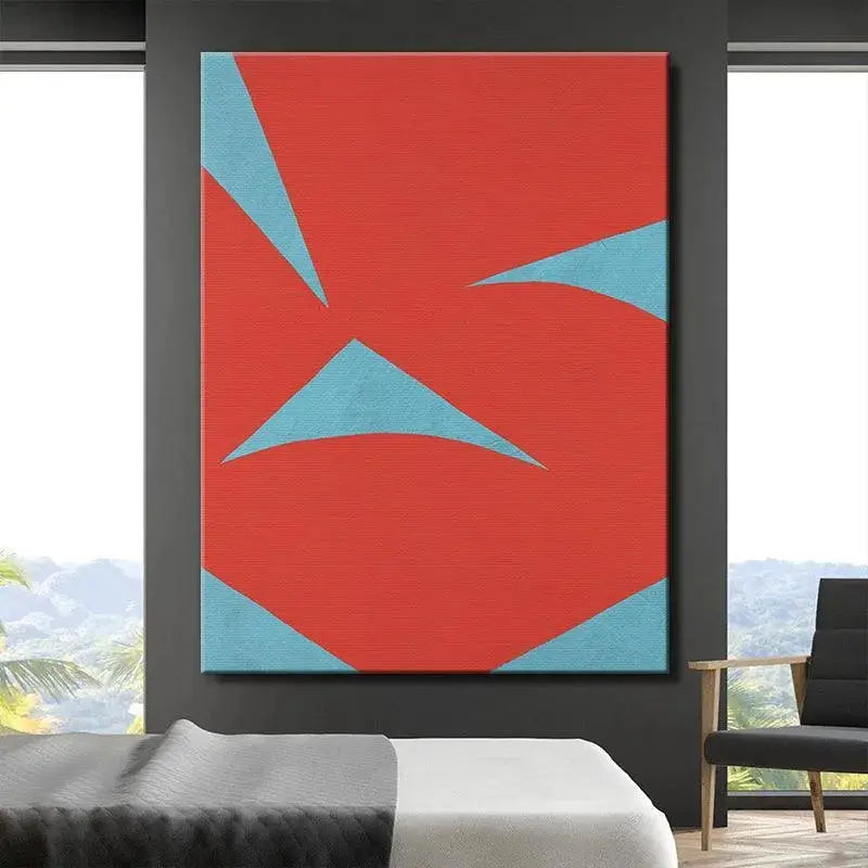 A tight crop focusing on the collision point of the sharpest shapes within Colliding Shapes Red N.6.