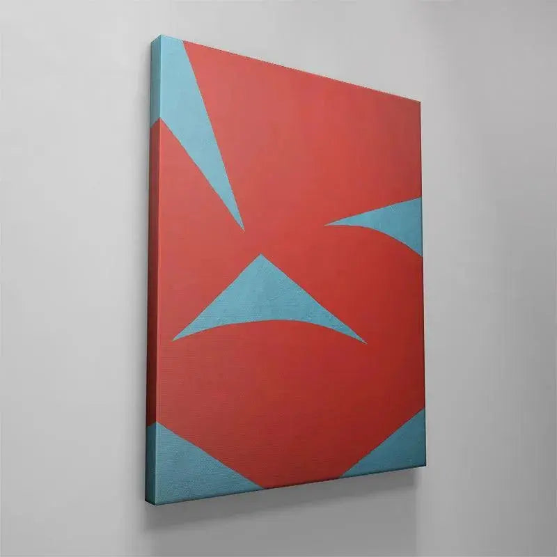 Vibrant coral red background defining the space around the cyan geometry in Colliding Shapes Red N.6.