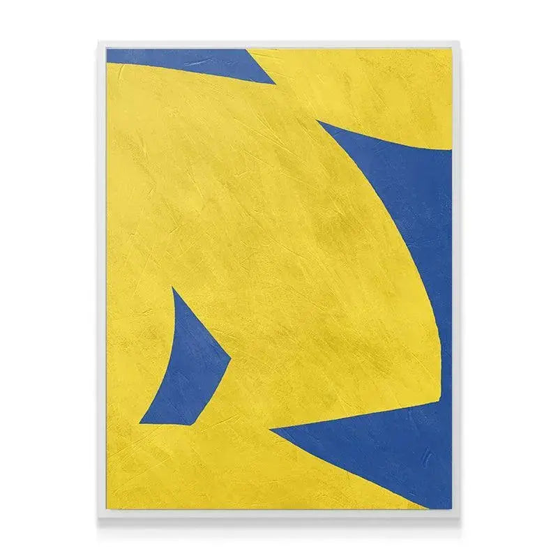 Colliding Shapes Yellow N.4 displayed in a minimalist living room setting above a modern sofa.